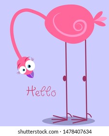 Pink bird says "Hello"  with long neck and legs. Summertime vacation, relaxing holiday.Humorous poster vector for postcard & print.