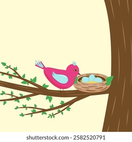 a pink bird sits near the nest, there are eggs in the nest. the nest is on a tree. Tree with green leaves. Vector illustration