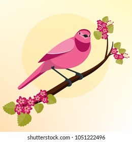 A pink bird sits on a branch of a cherry blossom on a yellow background.
Vector illustration