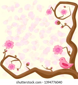 pink bird sitting on a tree branch with pink flowers. with space for text at branches