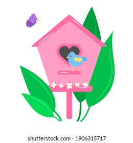 Pink birdhouse and blue bird. Butterfly and leaf decor. Flat style, vintage. Spring time. Vector illustration isolated on white background.
