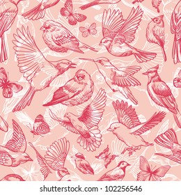 Pink birds and butterflies seamless pattern