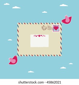 pink birds carrying love letter by airmail