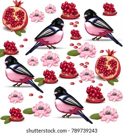 Pink birds and pomegranate fruit pattern Vector. Realistic detailed illustration