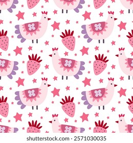 Pink birds, strawberries, stars, Valentine's Day, Scandinavian style, perfect for fabric, wrapping paper, textiles, baby bedding, wallpaper, pajamas.