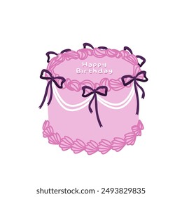 Pink Birthday cake with bows in coquette style. Flat trendy vector sticker isolated on white background