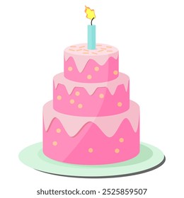 pink birthday cake with burning candles. cakes for surprises, gifts, special people, weddings, birthdays, special events. vector illustration