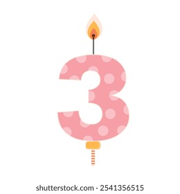 Pink birthday cake candle with flame light. Three year old. Kindergarten birthday party celebration item. Flat vector illustration.