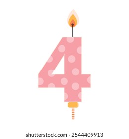 Pink birthday cake candle with flame light. Four year old celebration. Kindergarten or pet birthday party item. Flat vector illustration.