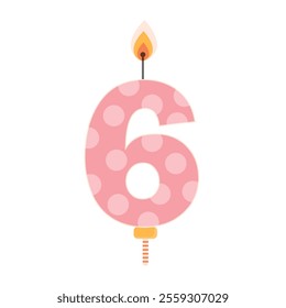 Pink birthday cake candle with flame light. Six year old celebration item. Flat vector design isolated on white.