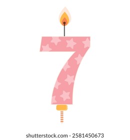 Pink birthday cake candle with flame light. Number 7. Seven year old celebration. Birthday party item. Flat vector illustration isolated on white.