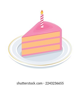 Pink birthday cake with candle icon vector. Slice of pink cake with burning candle drawing. Piece of cake on a plate icon vector isolated on a white background