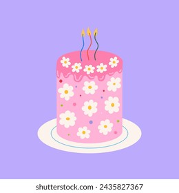 Pink birthday cake with candles and chamomile flowers. Vector flat illustration on isolated background