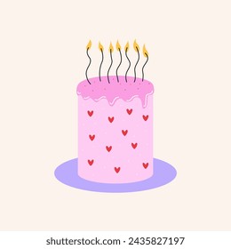 Pink birthday cake with candles and hearts. Vector flat illustration on isolated background