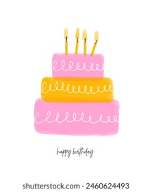 Pink Birthday Cake With Candles. Simple Birthday Card with Watercolor Cake on a White Background. Infantile Style Vector Print with Birthday Wishes. English Version. RGB.