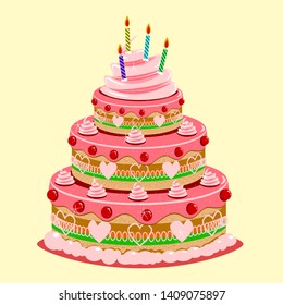 Pink Birthday Cake with cream, cherry, candle light to celebraty your anniversary