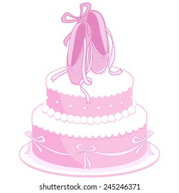 Pink birthday cake decorated with ballet shoes, pearls and ribbons. Vector illustration
