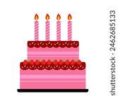 pink birthday cake with four pink candle and strawberry fruit on topping cartoon style vector illustration editable in eps10