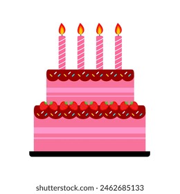 pink birthday cake with four pink candle and strawberry fruit on topping cartoon style vector illustration editable in eps10