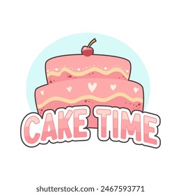 Pink birthday cake illustration. Cake time vector illustration. Cute pastry logo design.