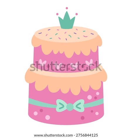 Pink Birthday Cake Image for Princess. Cartoon Festive Cake with Crown. Sweet Food Design for Girly Party Decor. Vector illustration.
