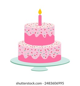 A pink birthday cake with a lit candle on top. The cake is decorated with sprinkles and has a white plate underneath it