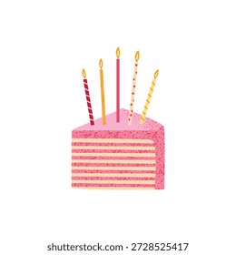 Rebanada de pastel de cumpleaños rosa con múltiples velas. Dulce postre en capas para la celebración y fiesta. Ilustración vectorial plana linda aislada sobre fondo blanco.