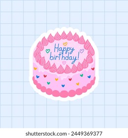 Pink birthday cake. Vector flat illustration on checkered background