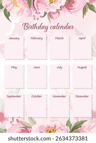 Pink birthday calendar with monthly holidays and peonies floral design, perfect for organizing special dates in a decorative and elegant style