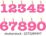 Pink Birthday candles in the form of numbers. Template set of symbols for invitation to the anniversary. Vector flat design isolated on white background