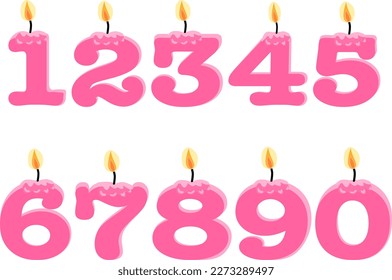 Pink Birthday candles in the form of numbers. Template set of symbols for invitation to the anniversary. Vector flat design isolated on white background