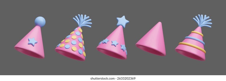 Pink birthday cap 3D style icon set isolated on dark. Happy birthday surprise party cone hats: striped, with polka dots, stars and tassels. 3D triangle cone birthday caps festive pink party decor set.
