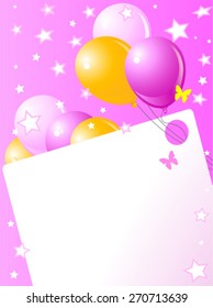 Pink birthday card with balloons, hat and plenty of copy space