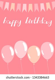 Pink birthday card with cute balloons. Vector illustration