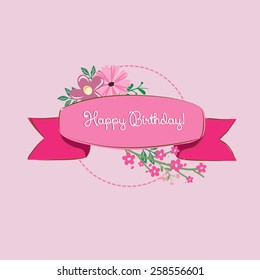 Pink Birthday card with cute flowers