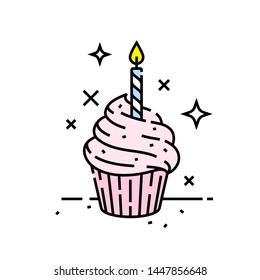 Pink Birthday Celebration Cupcake Line Icon With Candle Symbol. Vector Illustration.