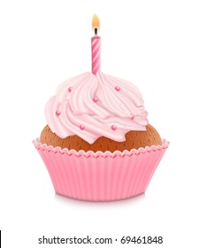 Pink birthday cupcake with burning candle