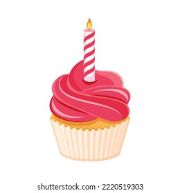 Pink birthday cupcake with candle icon vector. Delicious pink cupcake icon vector isolated on a white background. Birthday cupcake with burning candle drawing