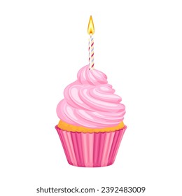 Pink birthday cupcake with candle isolated on white background. Vector cartoon illustration of festive pastry.