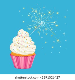 Pink birthday cupcake with sparkler on blue background. Vector cartoon illustration. Greeting card.