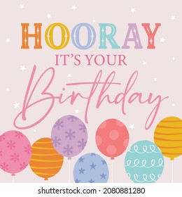 pink birthday greeting card with colorful balloon design