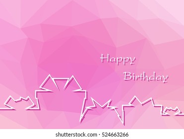 Pink birthday greeting with white contour gift with ribbon and shadow and white lettering happy birthday on a pink background of triangles