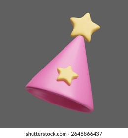 Pink birthday hat with yellow star decor 3D style vector icon isolated on dark. Happy birthday surprise party celebration cap, triangle shape cone hat, festive children party accessory.