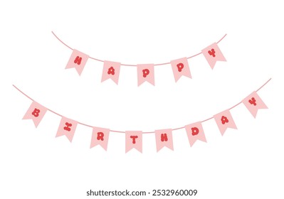 Ilustración de cumpleaños rosa con letras rojas deletreando feliz cumpleaños, perfecto para decoraciones de fiesta.