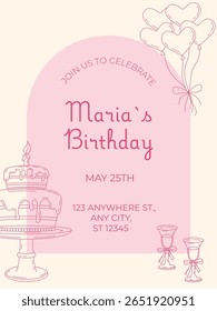 Pink birthday invitation card with cake, glasses, heart balloons, and the text "Maria's Birthday." Cute minimalist design for a festive celebration.