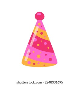 Pink birthday party hat cartoon illustration. Colorful accessory for celebration, carnival paper cone cap for children isolated on white background. Holiday, festive atmosphere concept