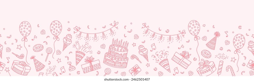 Pink birthday party line background. Vector seamless pattern with outline festive items. Happy birthday decoration, gift boxes, cake with candles, fireworks, confetti, hats, desserts or light garlands