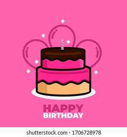 Pink birthday postcard with cupcake, balloons and candles.