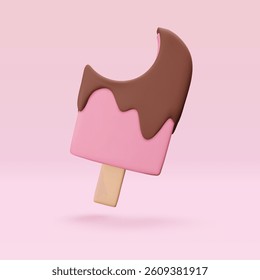 Pink bitten Ice cream with chokolate glaze, icon, 3d render. Design elements. Realistic fast food icon. Sweet food. Vector illustration isolated on white for menu, shop, flyer, banner, web, adv, sale