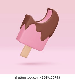 Pink bitten Ice cream with chokolate glaze, icon, 3d render. Design elements. Realistic fast food icon. Sweet food. Vector illustration isolated on white for menu, shop, flyer, banner, web, adv, sale